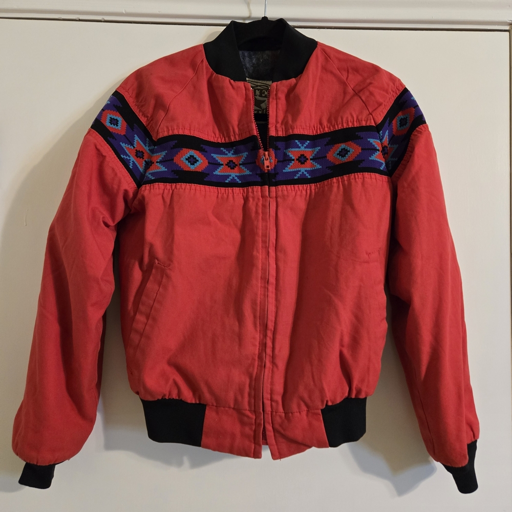 Vintage! Western Frontier Red Canvas Jacket With Geometric Pattern